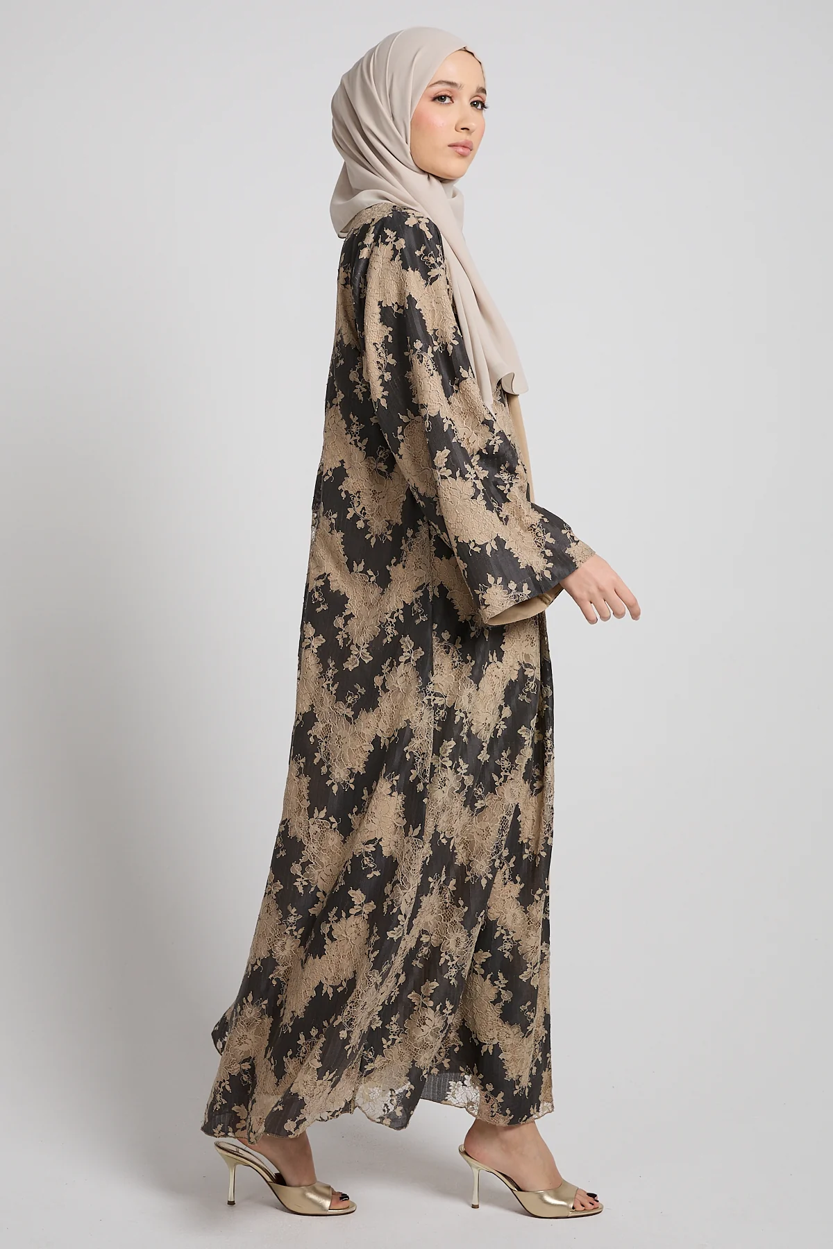 Luxury French Lace Open Abaya - Smoky Beige - LIMITED EDITION - Image 7
