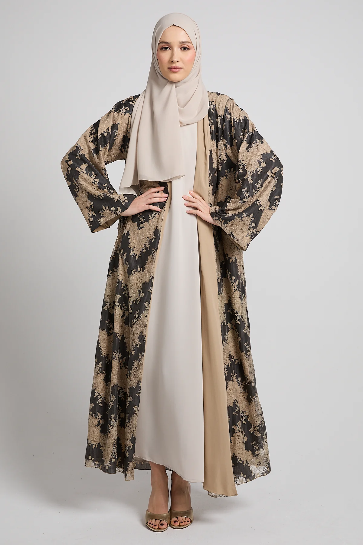 Luxury French Lace Open Abaya - Smoky Beige - LIMITED EDITION - Image 8
