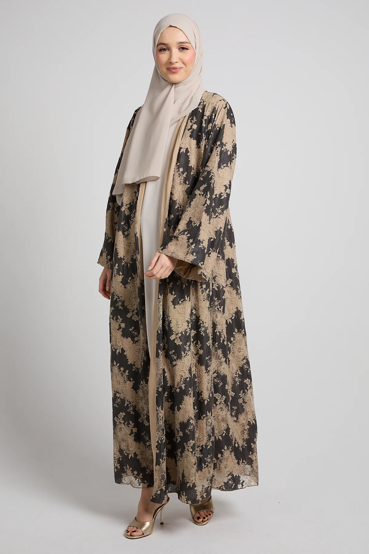 Luxury French Lace Open Abaya - Smoky Beige - LIMITED EDITION - Image 9