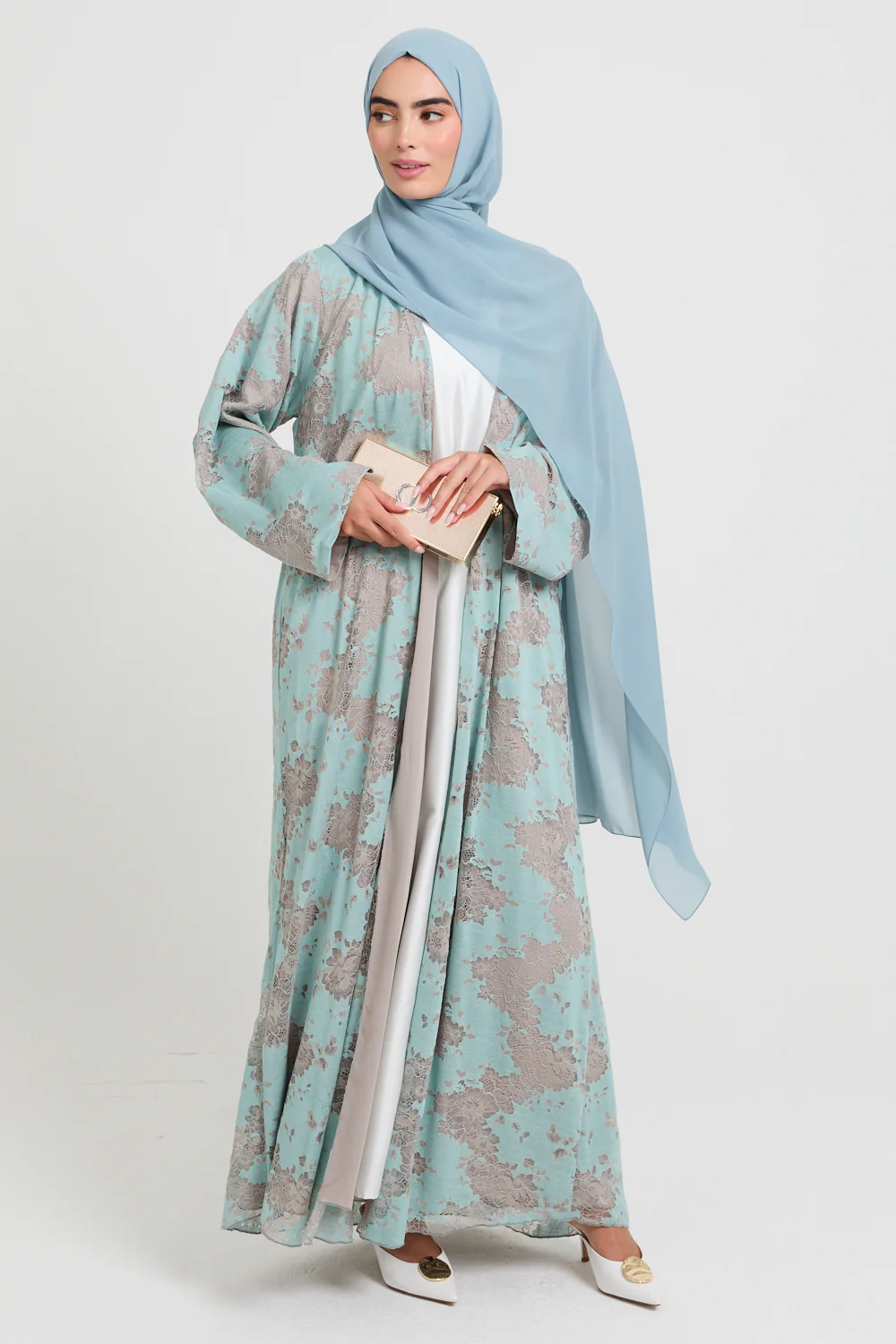 Luxury French Lace Open Abaya - Tiffany Green - LIMITED EDITION