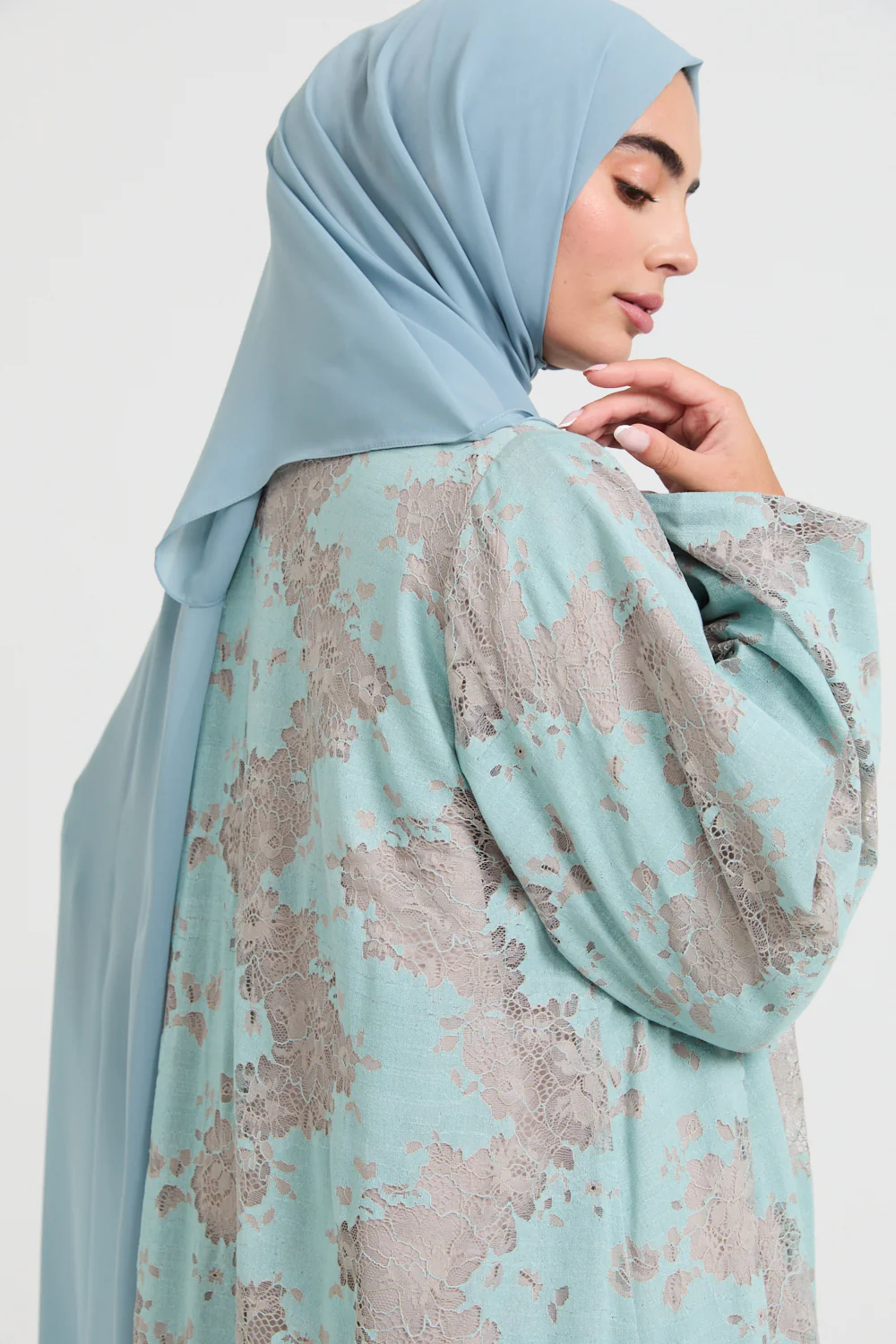 Luxury French Lace Open Abaya - Tiffany Green - LIMITED EDITION - Image 2