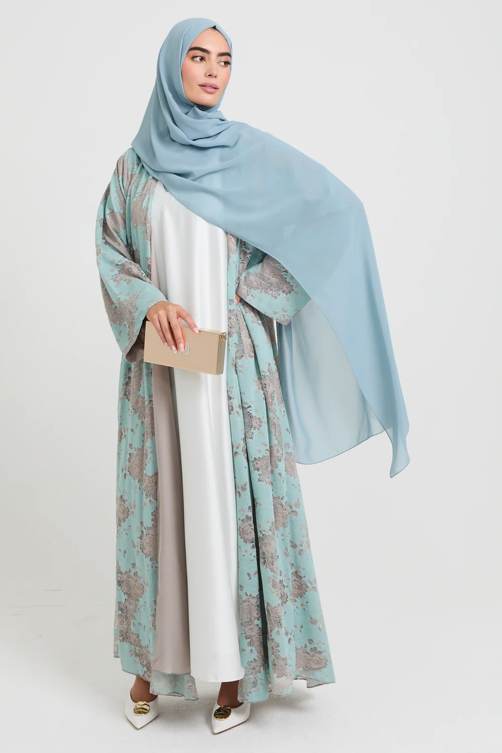 Luxury French Lace Open Abaya - Tiffany Green - LIMITED EDITION - Image 3