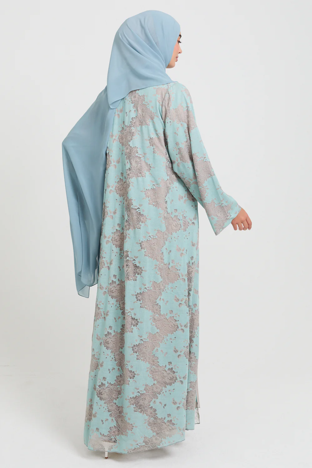 Luxury French Lace Open Abaya - Tiffany Green - LIMITED EDITION - Image 4