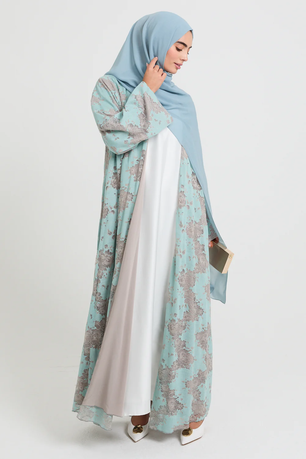 Luxury French Lace Open Abaya - Tiffany Green - LIMITED EDITION - Image 5