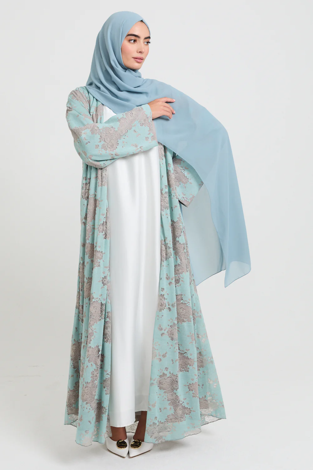 Luxury French Lace Open Abaya - Tiffany Green - LIMITED EDITION - Image 6
