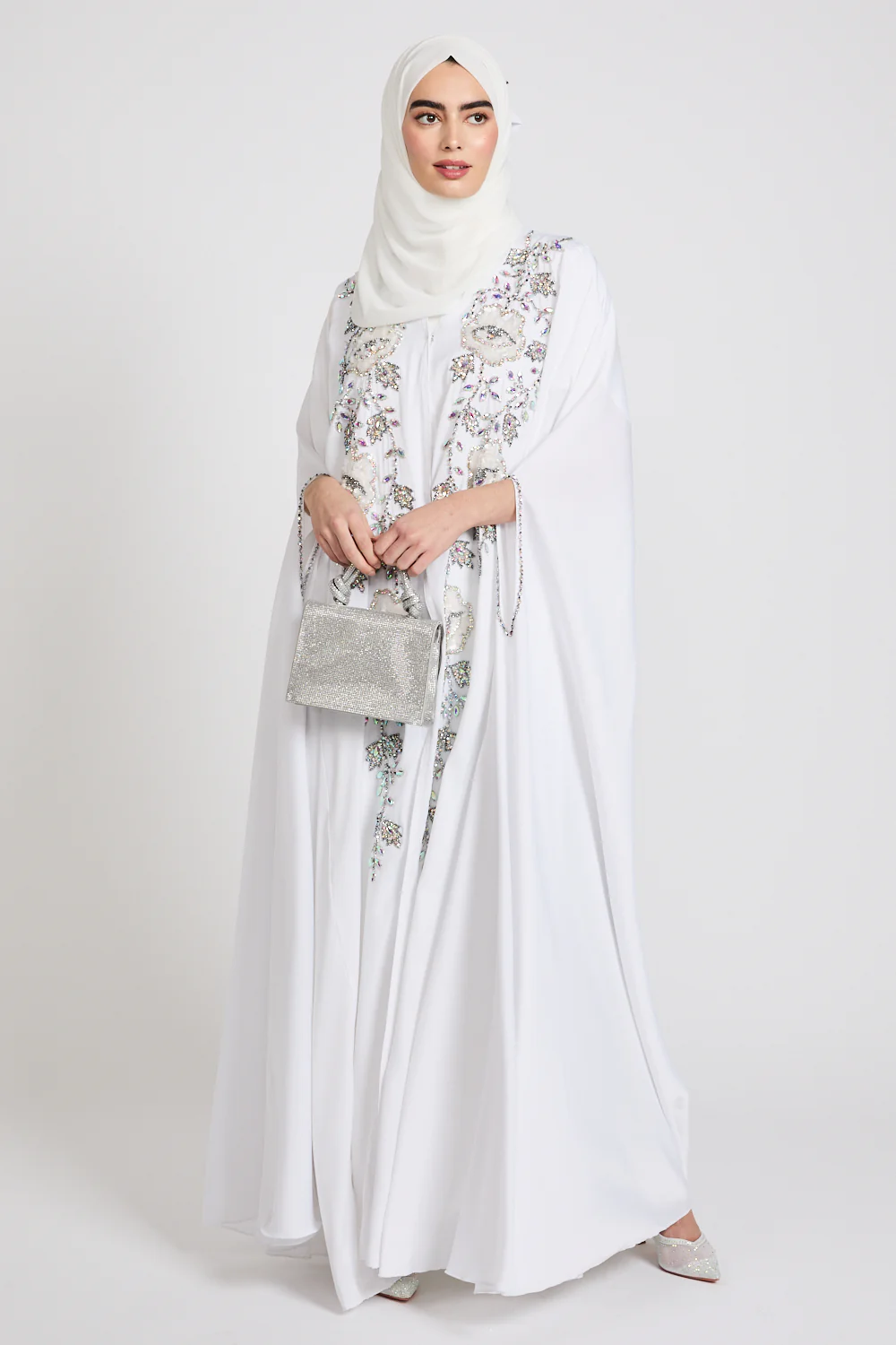 Luxury Frosted Blossom Embellished Cape - White - Image 8