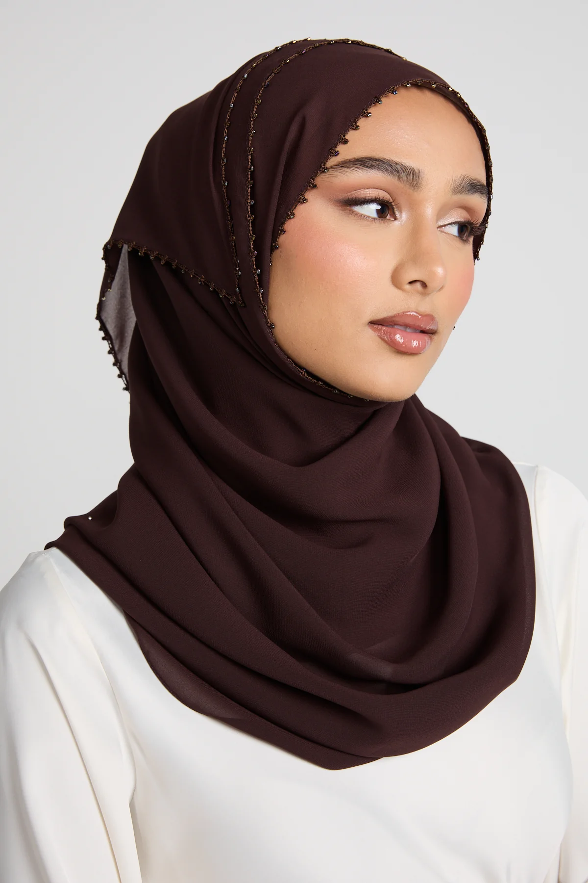 Luxury Georgette Hijab with Dainty Detailing - Espresso Plum - Image 3