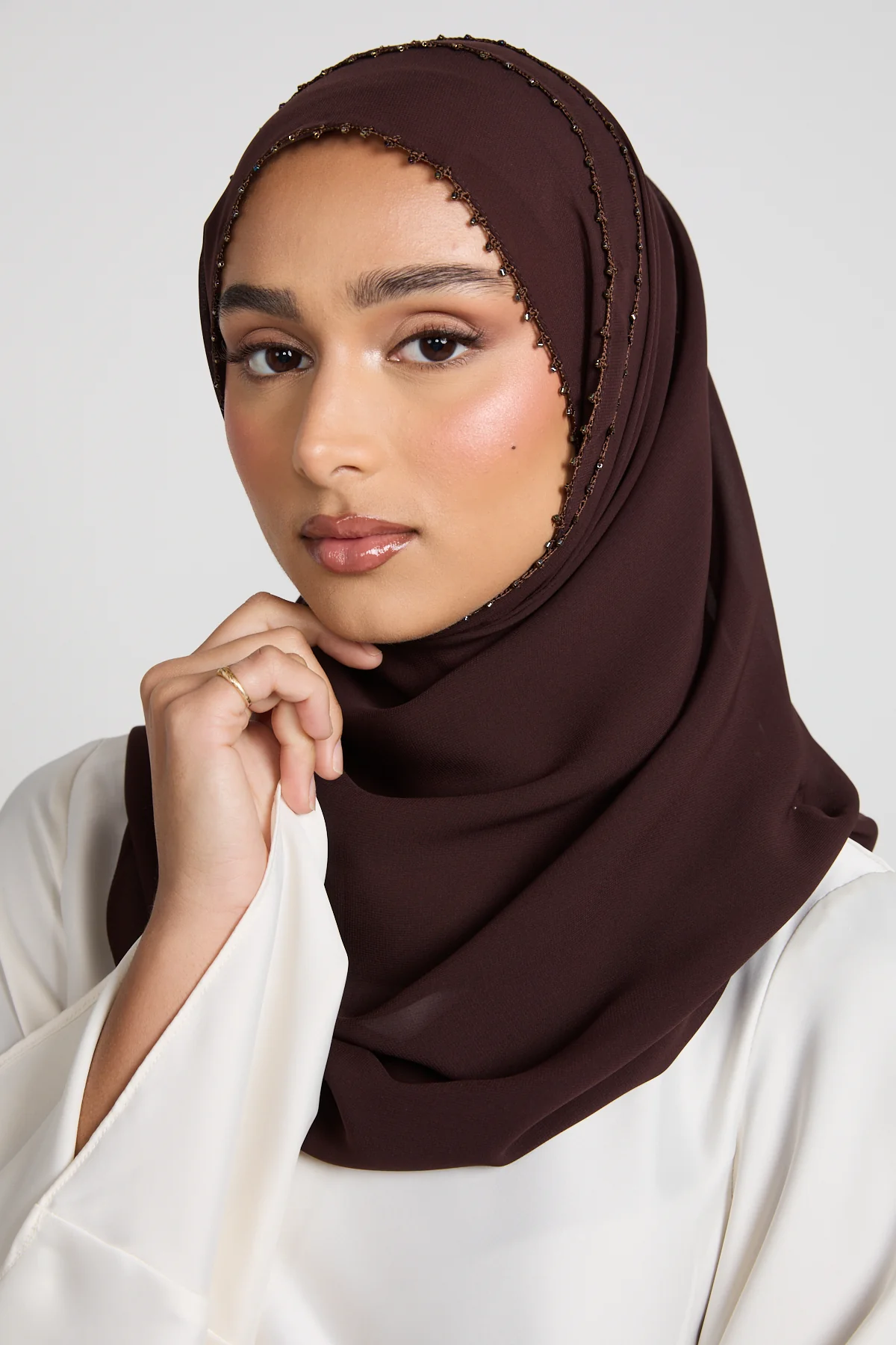 Luxury Georgette Hijab with Dainty Detailing - Espresso Plum - Image 4