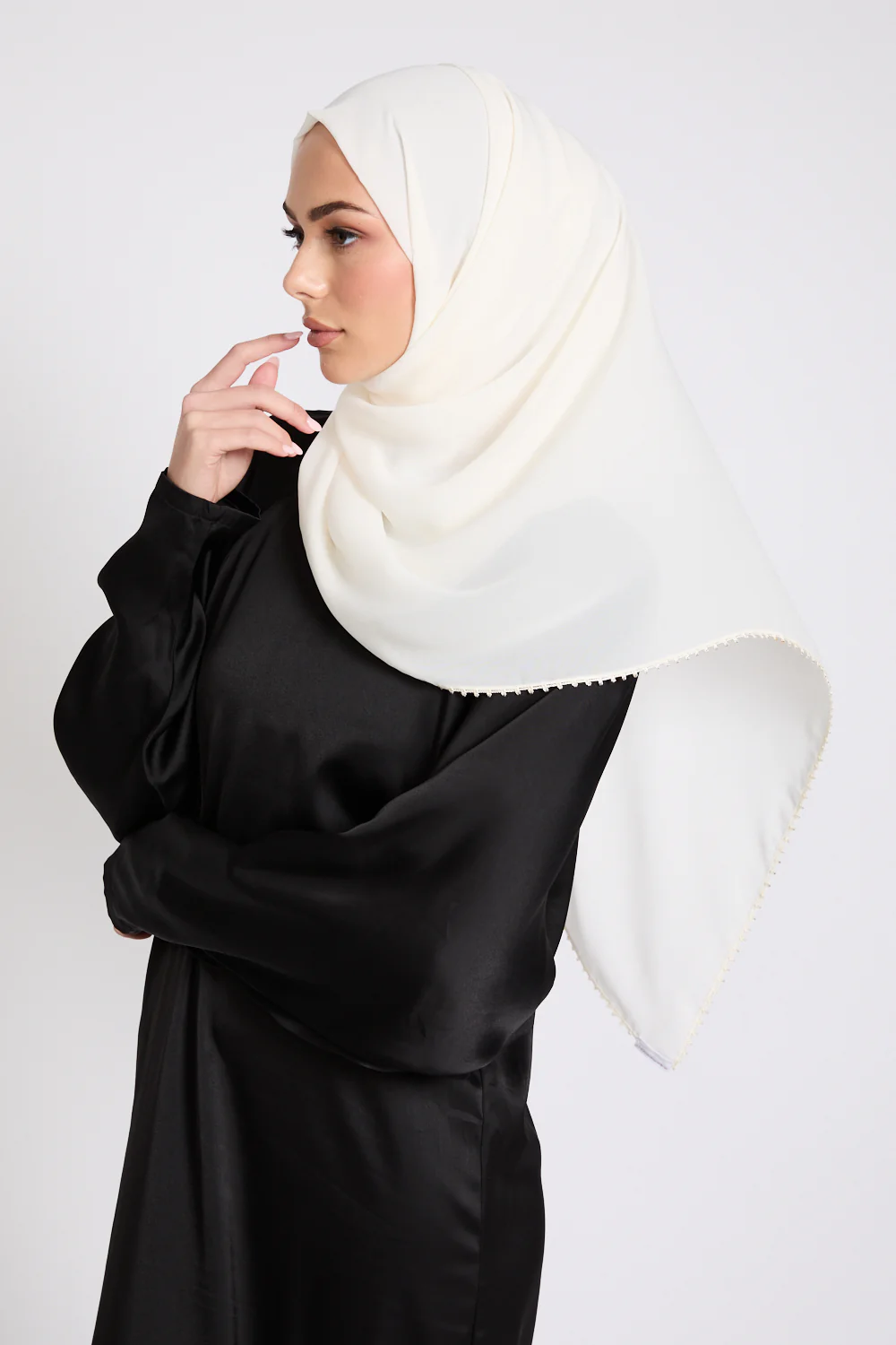 Luxury Georgette Hijab with Dainty Detailing - Ivory - Image 2