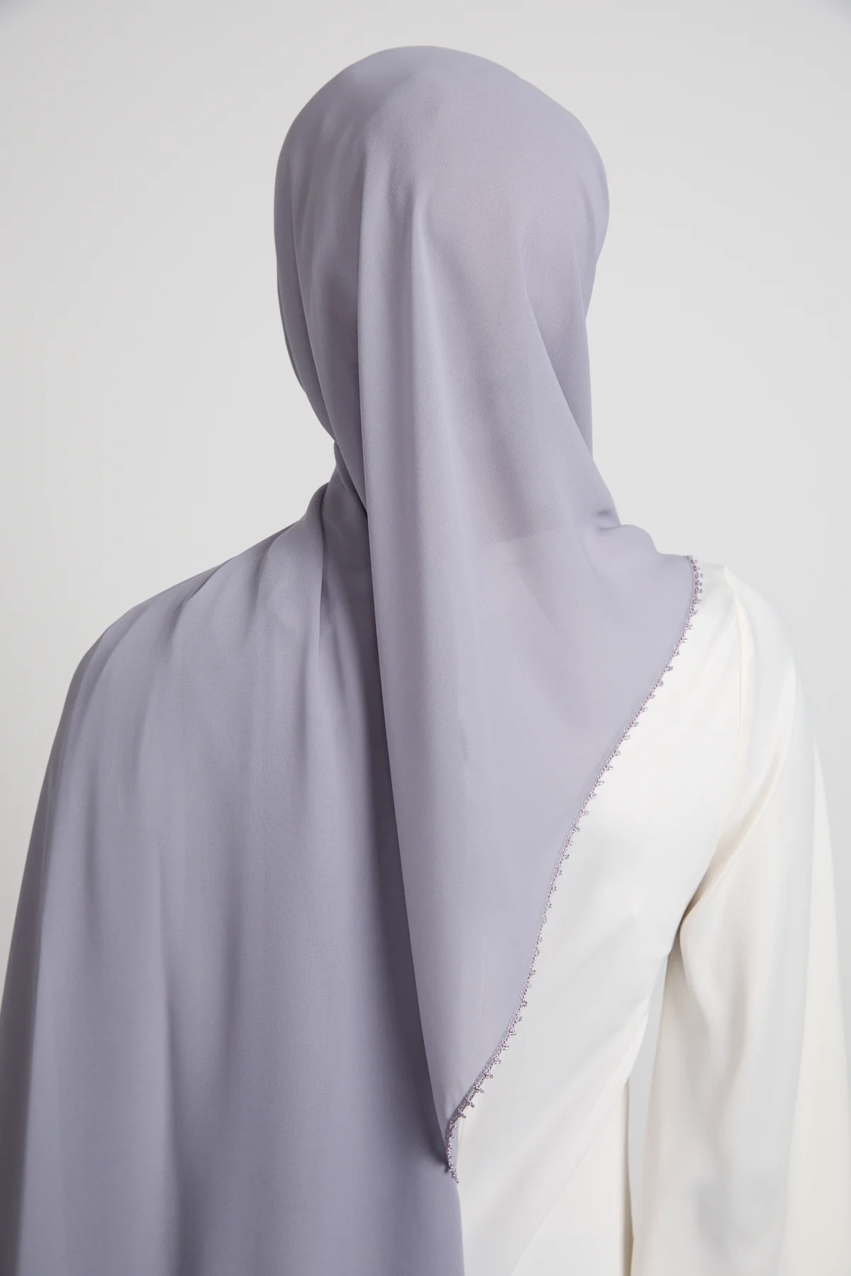 Luxury Georgette Hijab with Dainty Detailing - Lavender Grey - Image 3