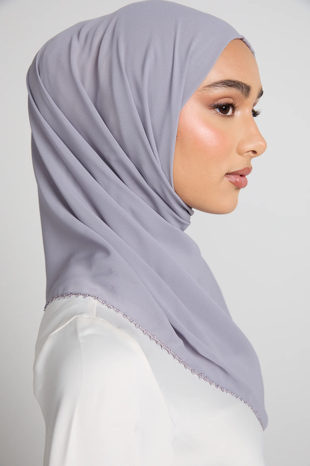 Luxury Georgette Hijab with Dainty Detailing - Lavender Grey - Image 4