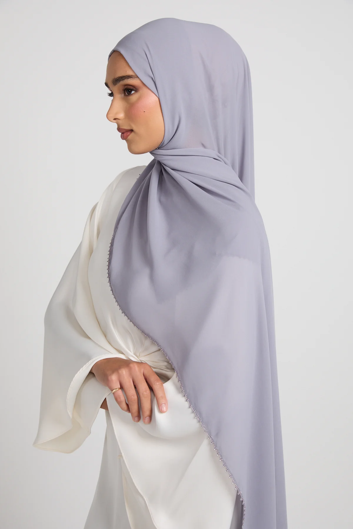Luxury Georgette Hijab with Dainty Detailing - Lavender Grey - Image 5
