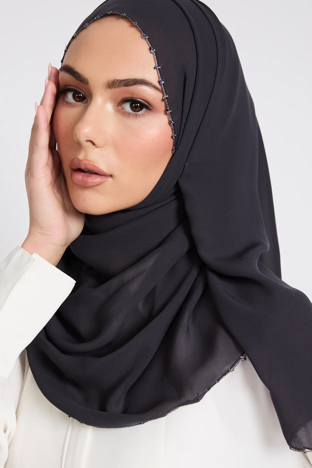 Luxury Georgette Hijab with Dainty Detailing - Midnight Sable - Image 2