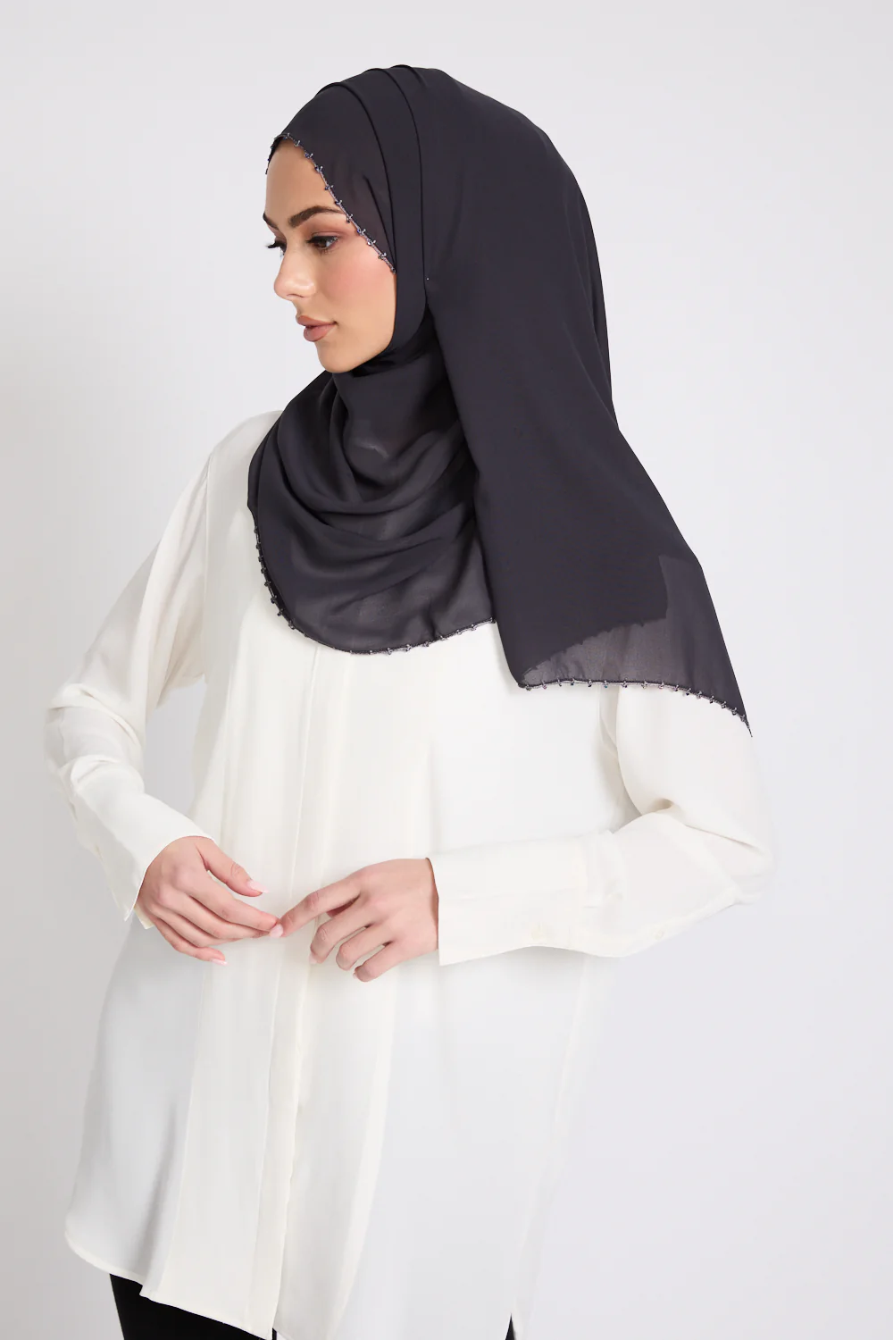 Luxury Georgette Hijab with Dainty Detailing - Midnight Sable - Image 3