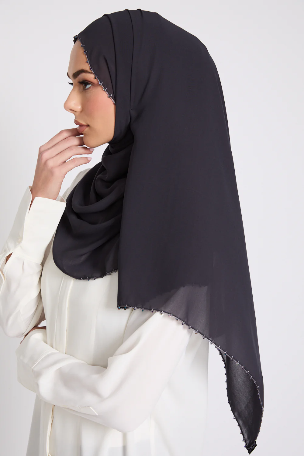 Luxury Georgette Hijab with Dainty Detailing - Midnight Sable - Image 4