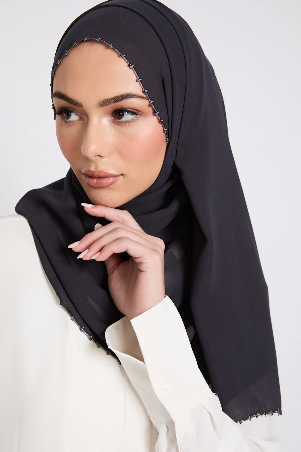 Luxury Georgette Hijab with Dainty Detailing - Midnight Sable - Image 5