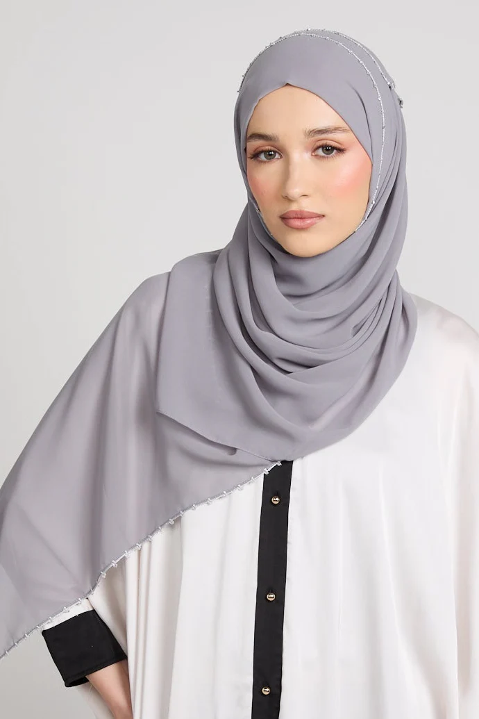 Luxury Georgette Hijab with Dainty Detailing - Mist Grey