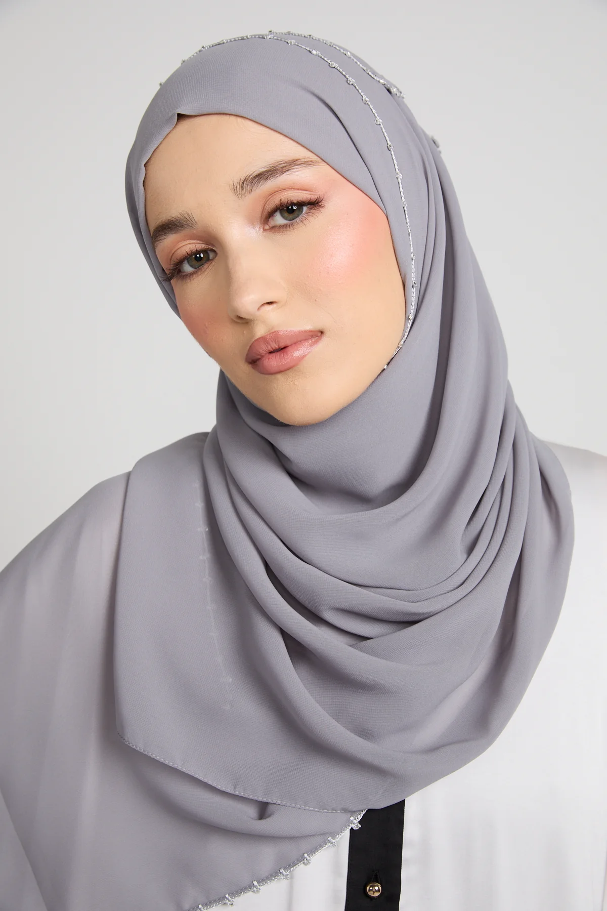 Luxury Georgette Hijab with Dainty Detailing - Mist Grey - Image 2