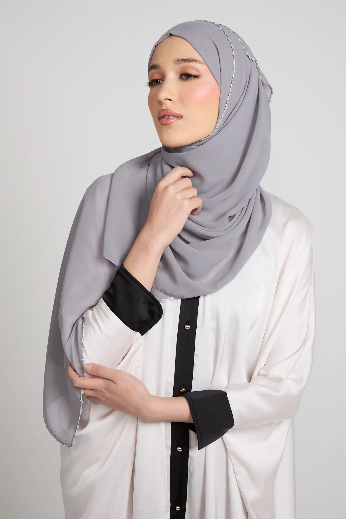 Luxury Georgette Hijab with Dainty Detailing - Mist Grey - Image 6