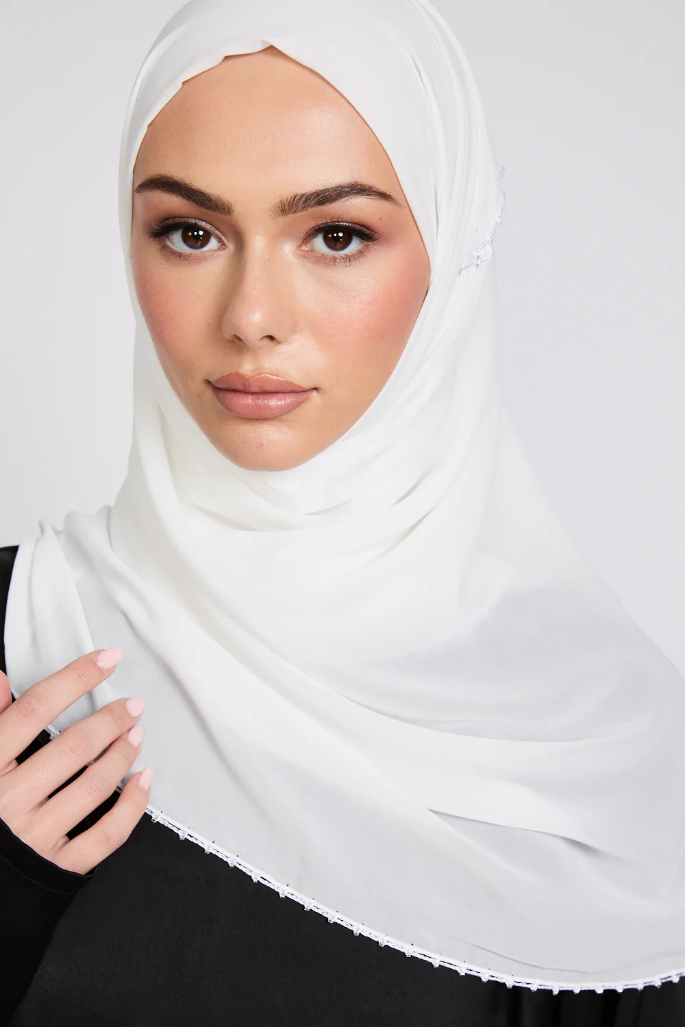 Luxury Georgette Hijab with Dainty Detailing - Off White - Image 5