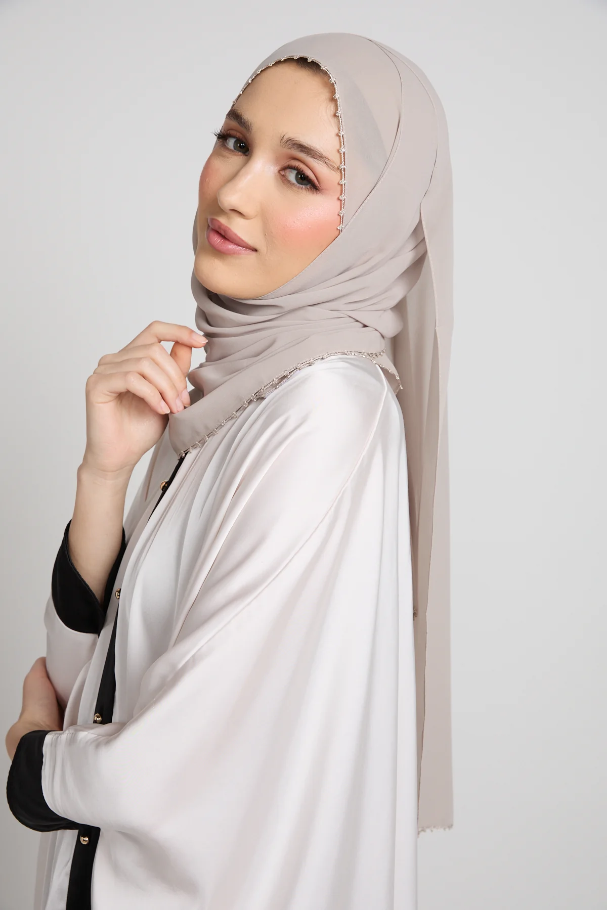 Luxury Georgette Hijab with Dainty Detailing - Stone Beige - Image 3