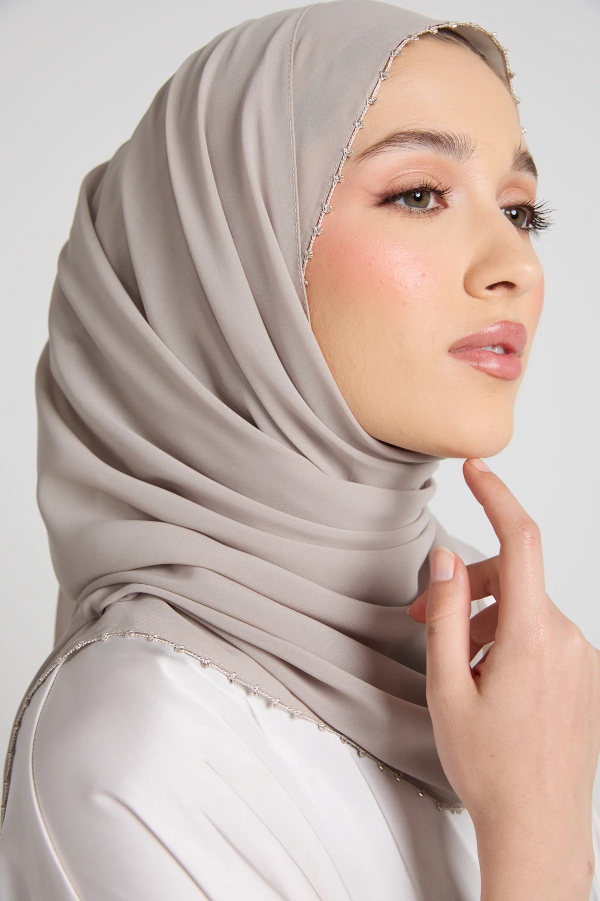 Luxury Georgette Hijab with Dainty Detailing - Stone Beige - Image 4