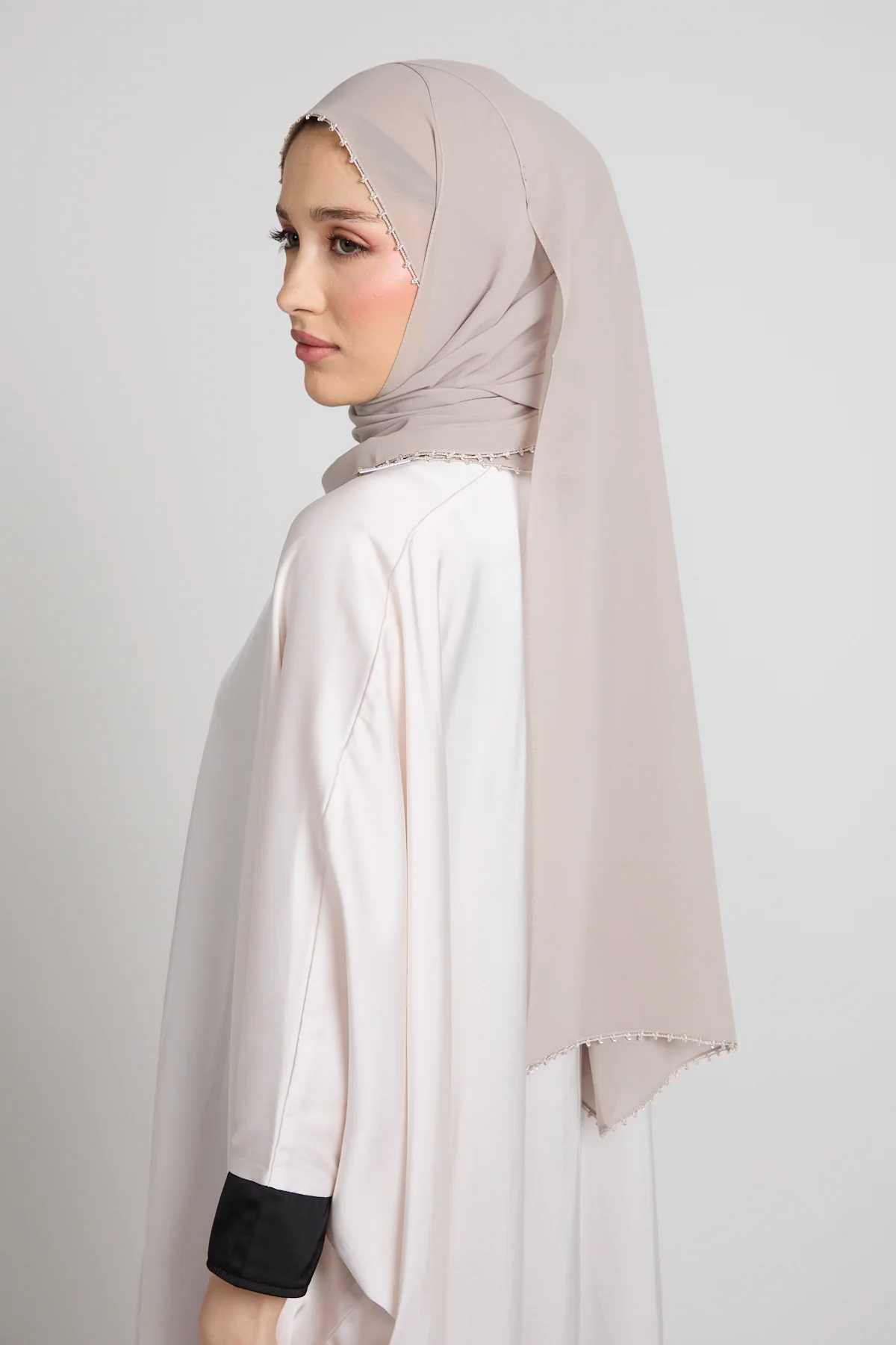 Luxury Georgette Hijab with Dainty Detailing - Stone Beige - Image 5