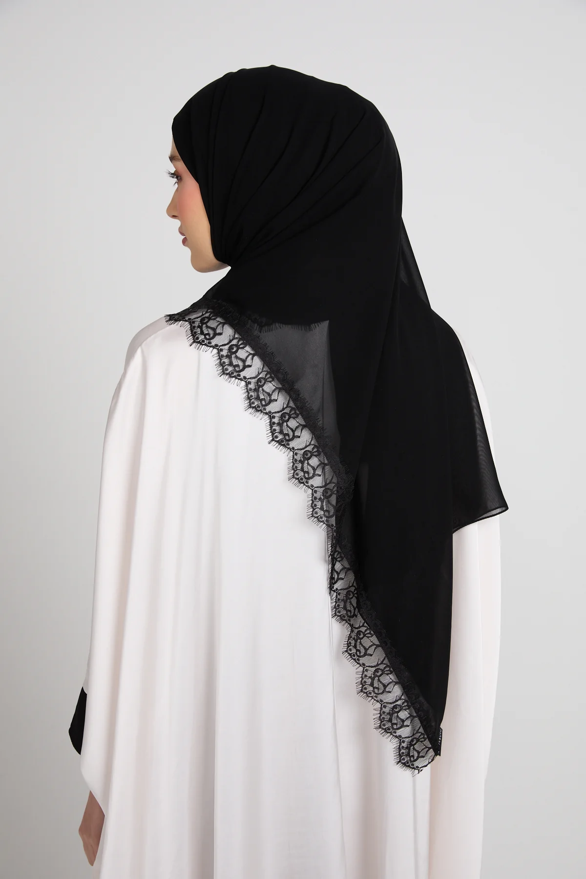 Luxury Georgette Hijab with Lace Detailing - Black - Image 3