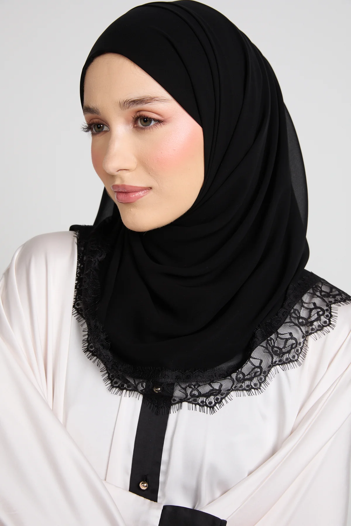 Luxury Georgette Hijab with Lace Detailing - Black - Image 4
