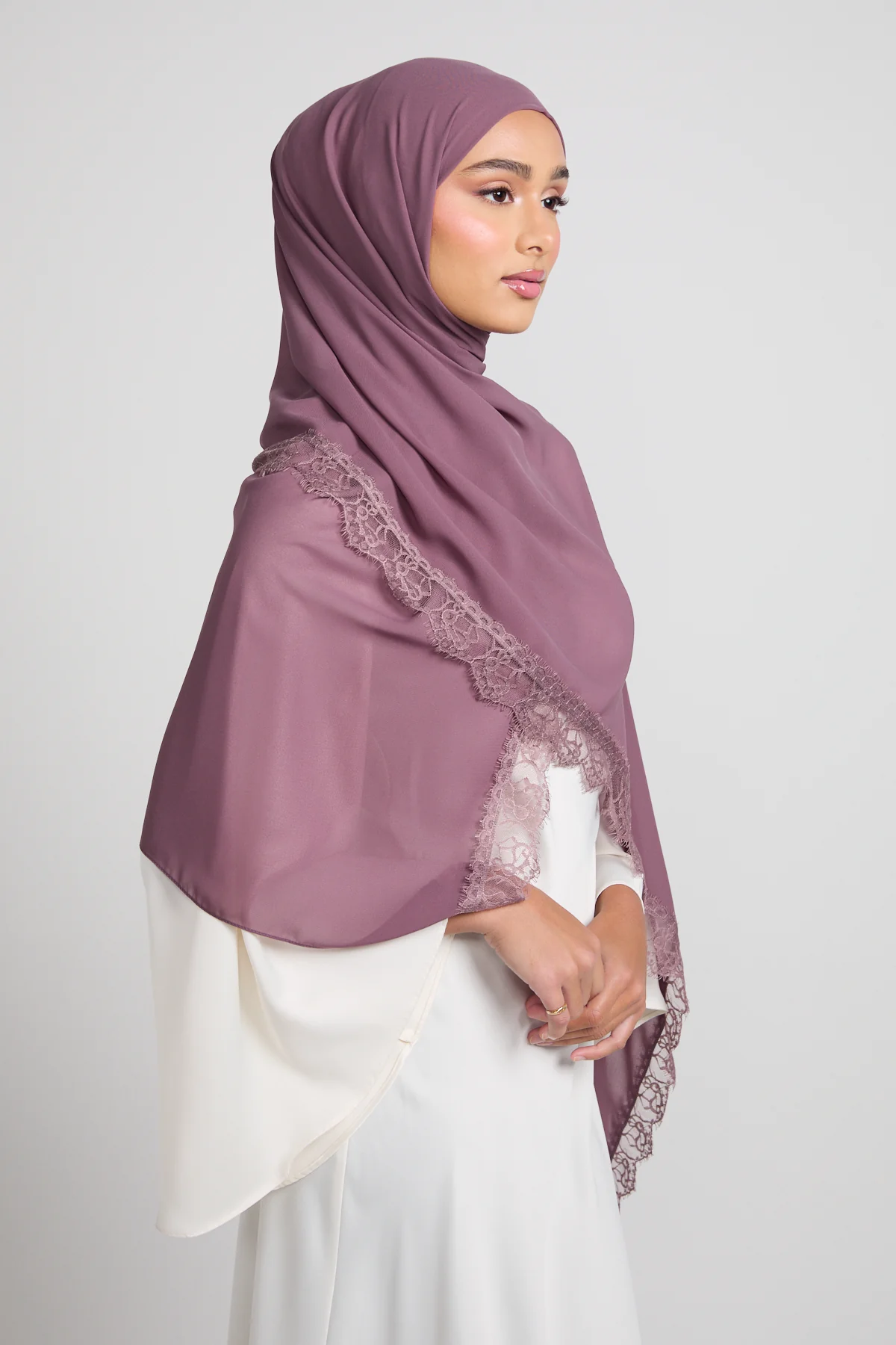 Luxury Georgette Hijab with Lace Detailing - Blush Mulberry - Image 3