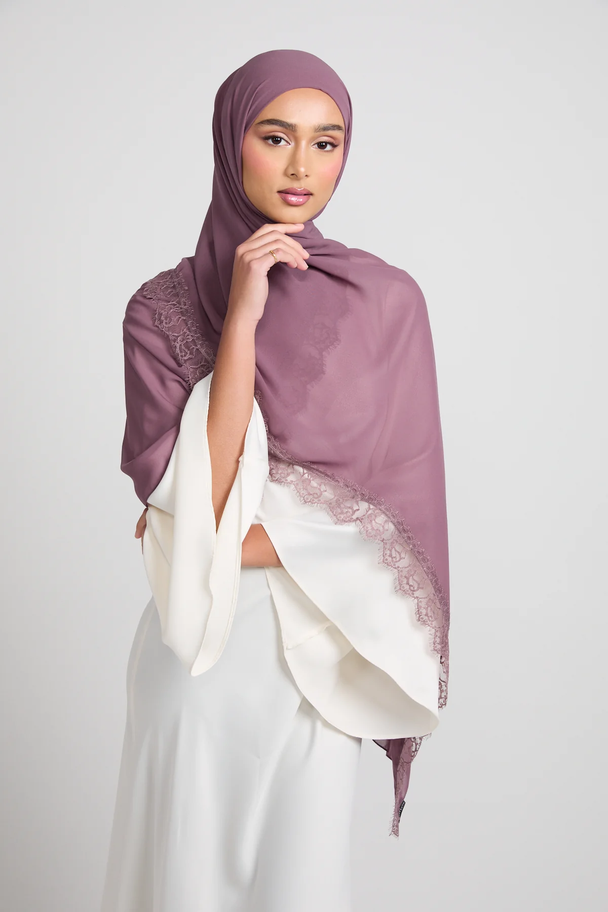 Luxury Georgette Hijab with Lace Detailing - Blush Mulberry - Image 4