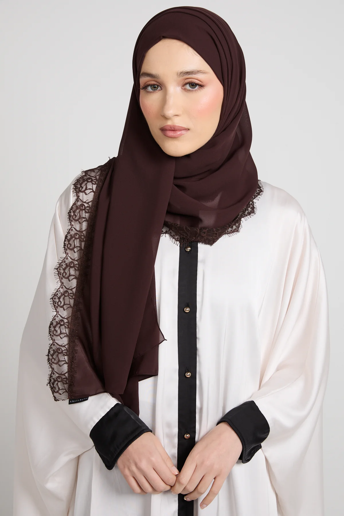 Luxury Georgette Hijab with Lace Detailing - Espresso Dusk