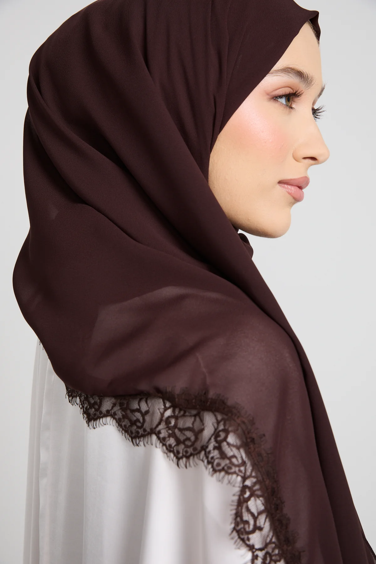 Luxury Georgette Hijab with Lace Detailing - Espresso Dusk - Image 2