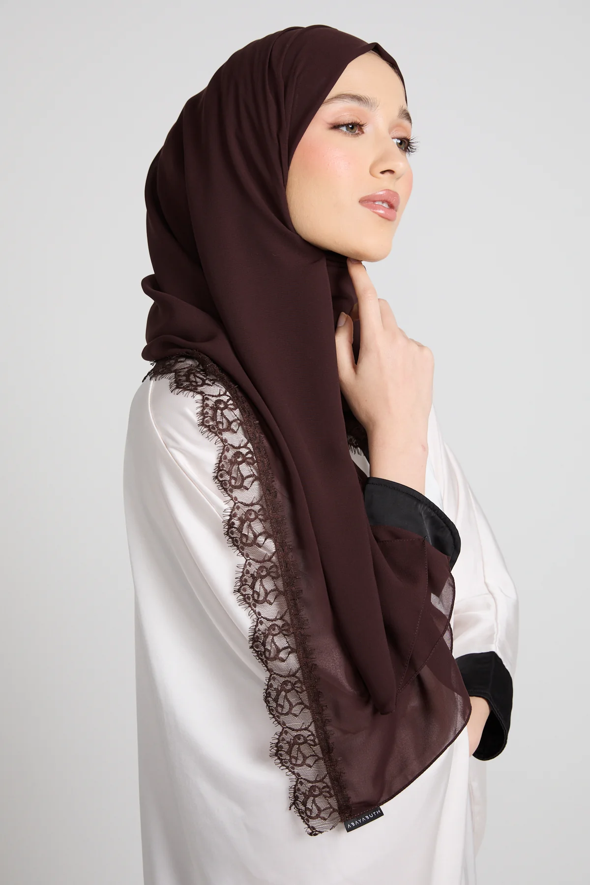 Luxury Georgette Hijab with Lace Detailing - Espresso Dusk - Image 3