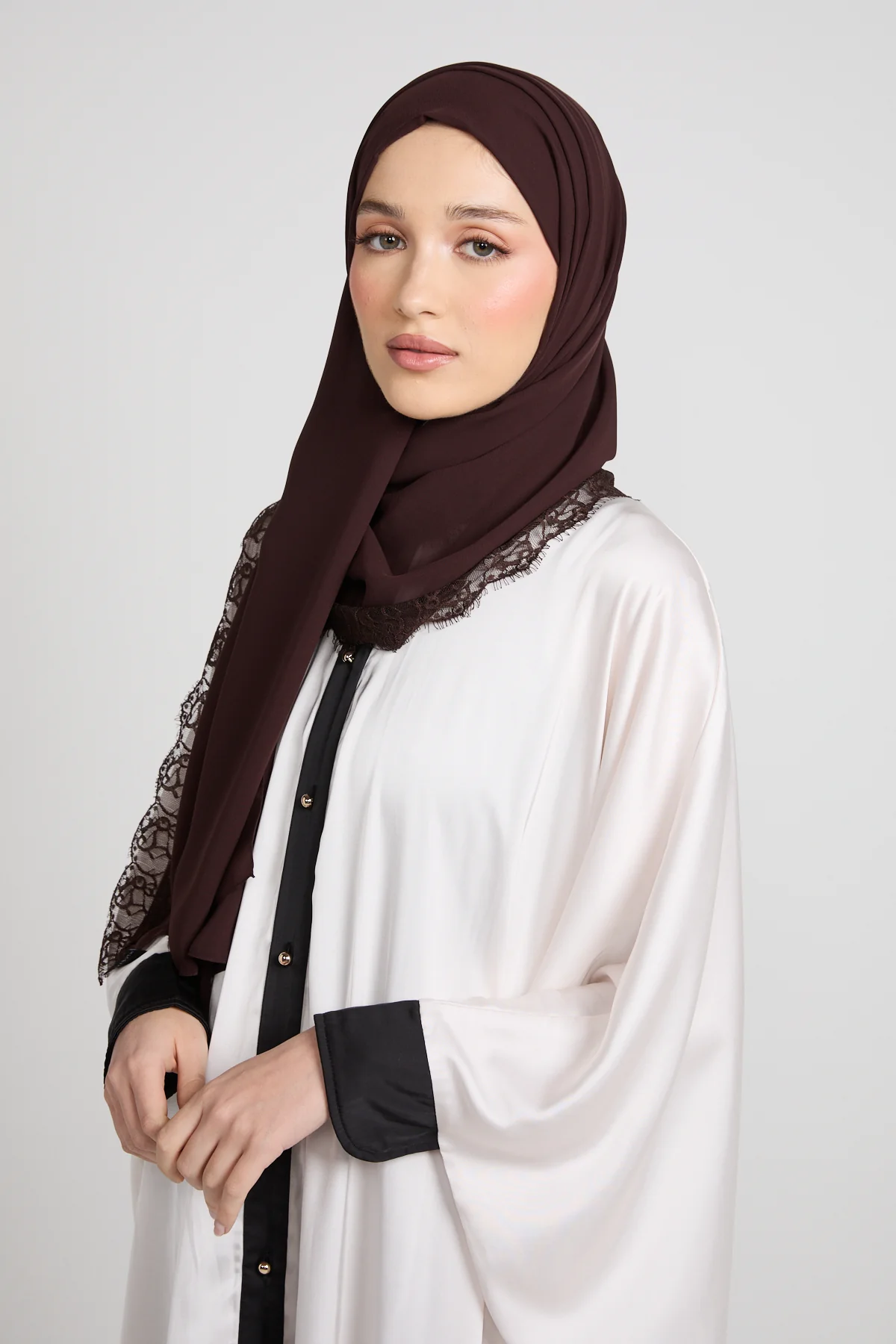 Luxury Georgette Hijab with Lace Detailing - Espresso Dusk - Image 4