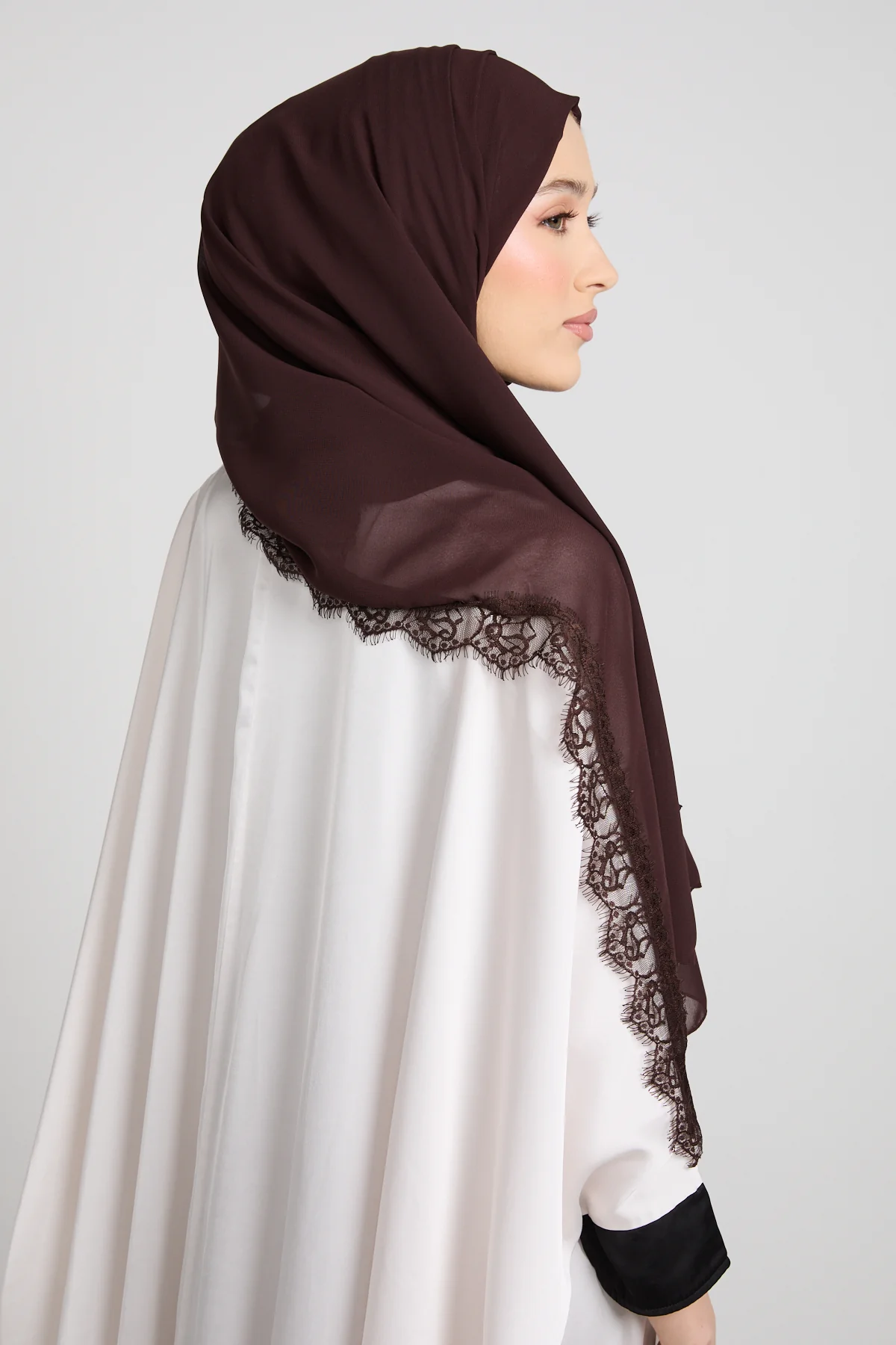Luxury Georgette Hijab with Lace Detailing - Espresso Dusk - Image 5