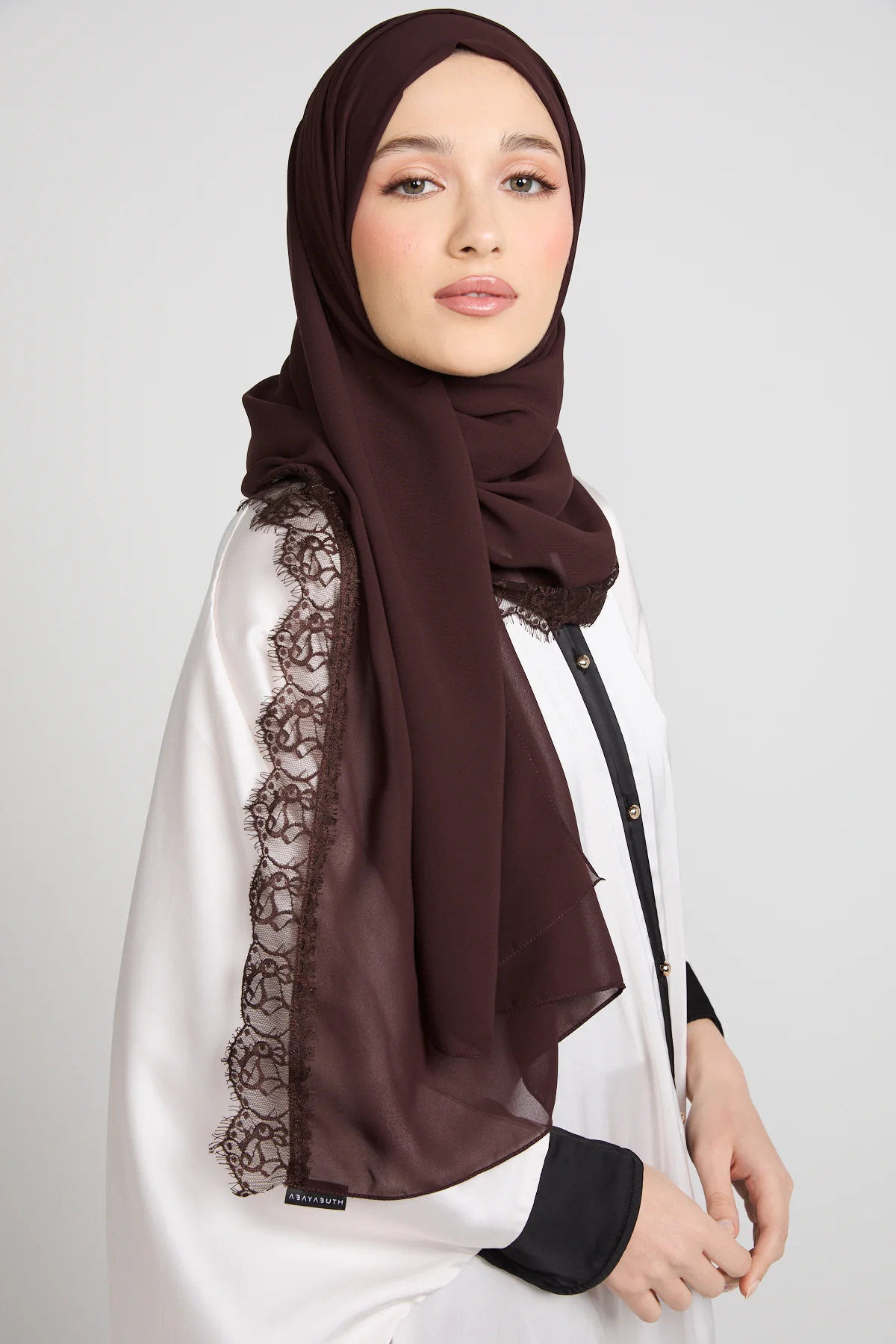 Luxury Georgette Hijab with Lace Detailing - Espresso Dusk - Image 6
