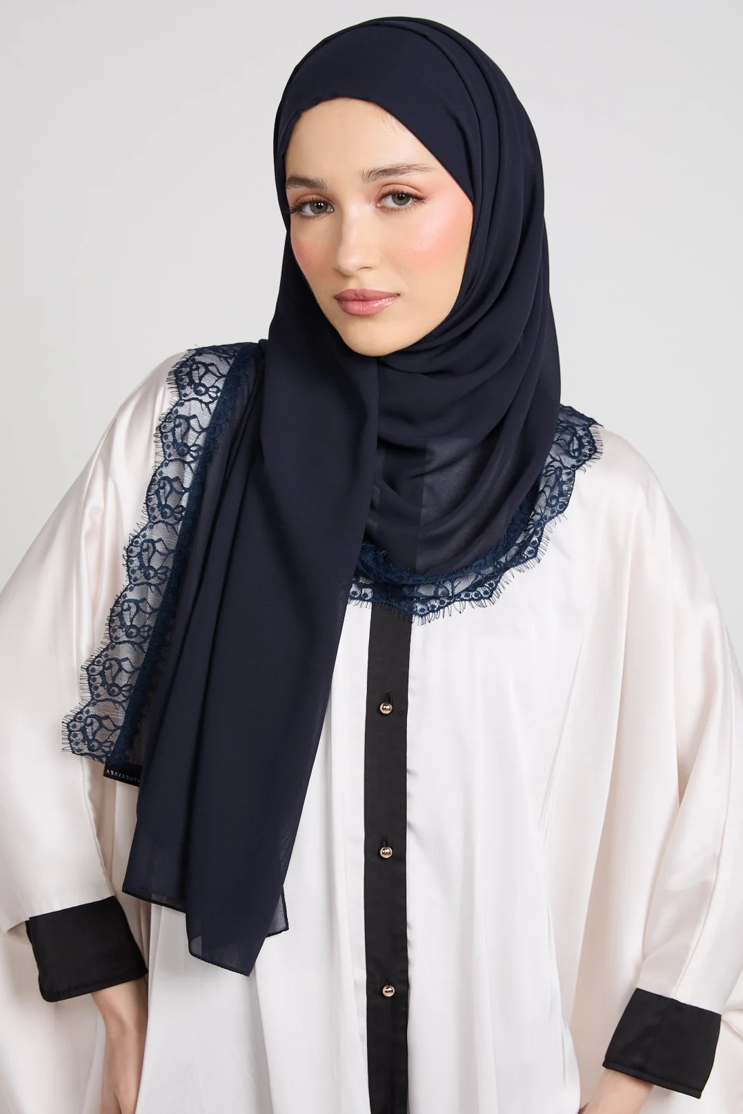 Luxury Georgette Hijab with Lace Detailing - Navy