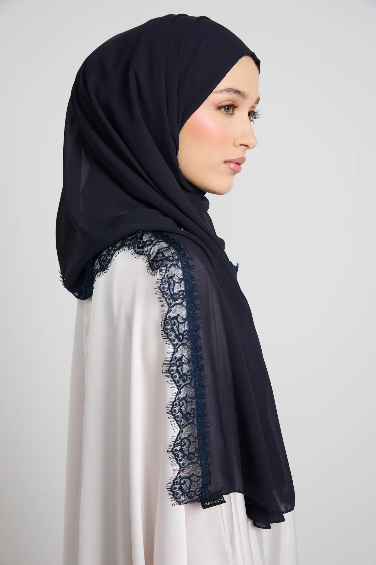 Luxury Georgette Hijab with Lace Detailing - Navy - Image 2