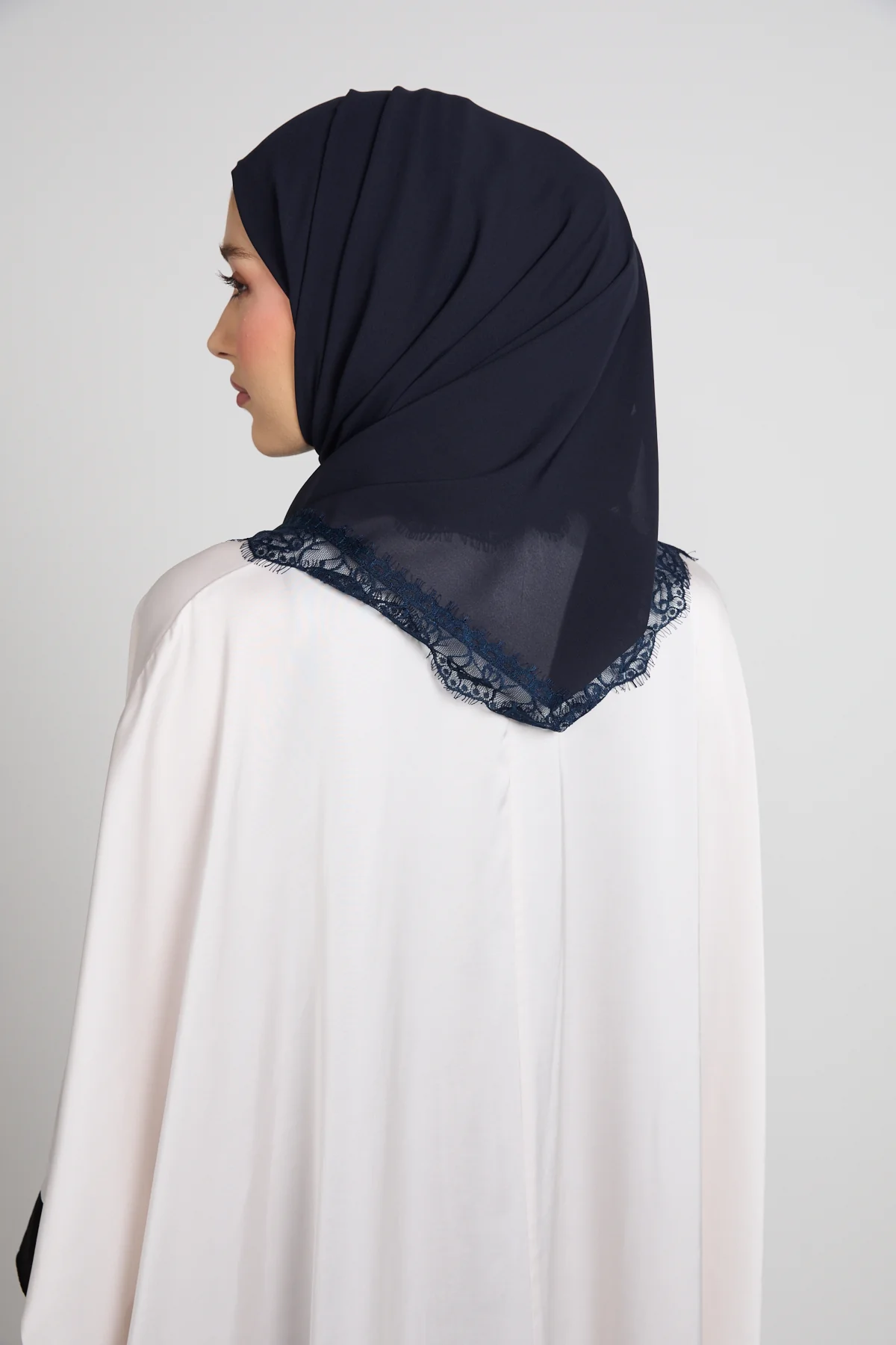 Luxury Georgette Hijab with Lace Detailing - Navy - Image 3