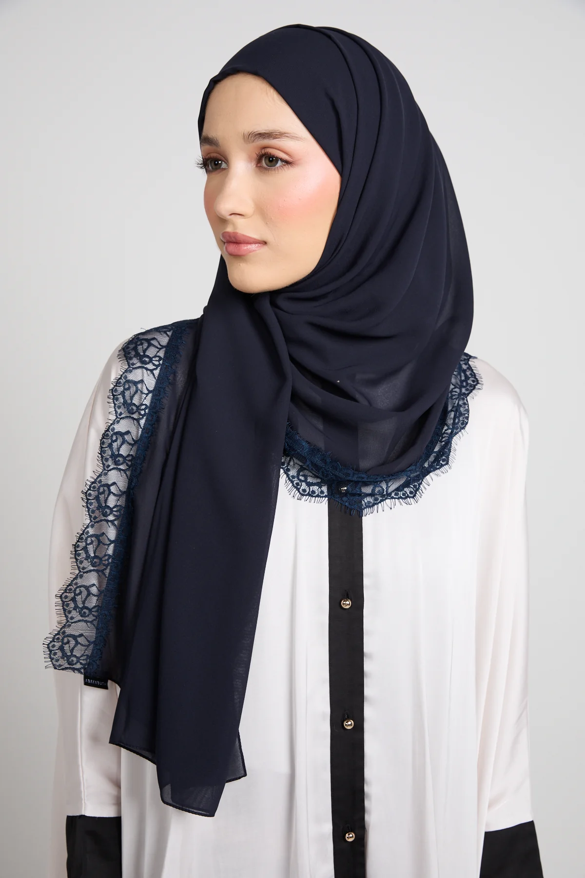 Luxury Georgette Hijab with Lace Detailing - Navy - Image 4