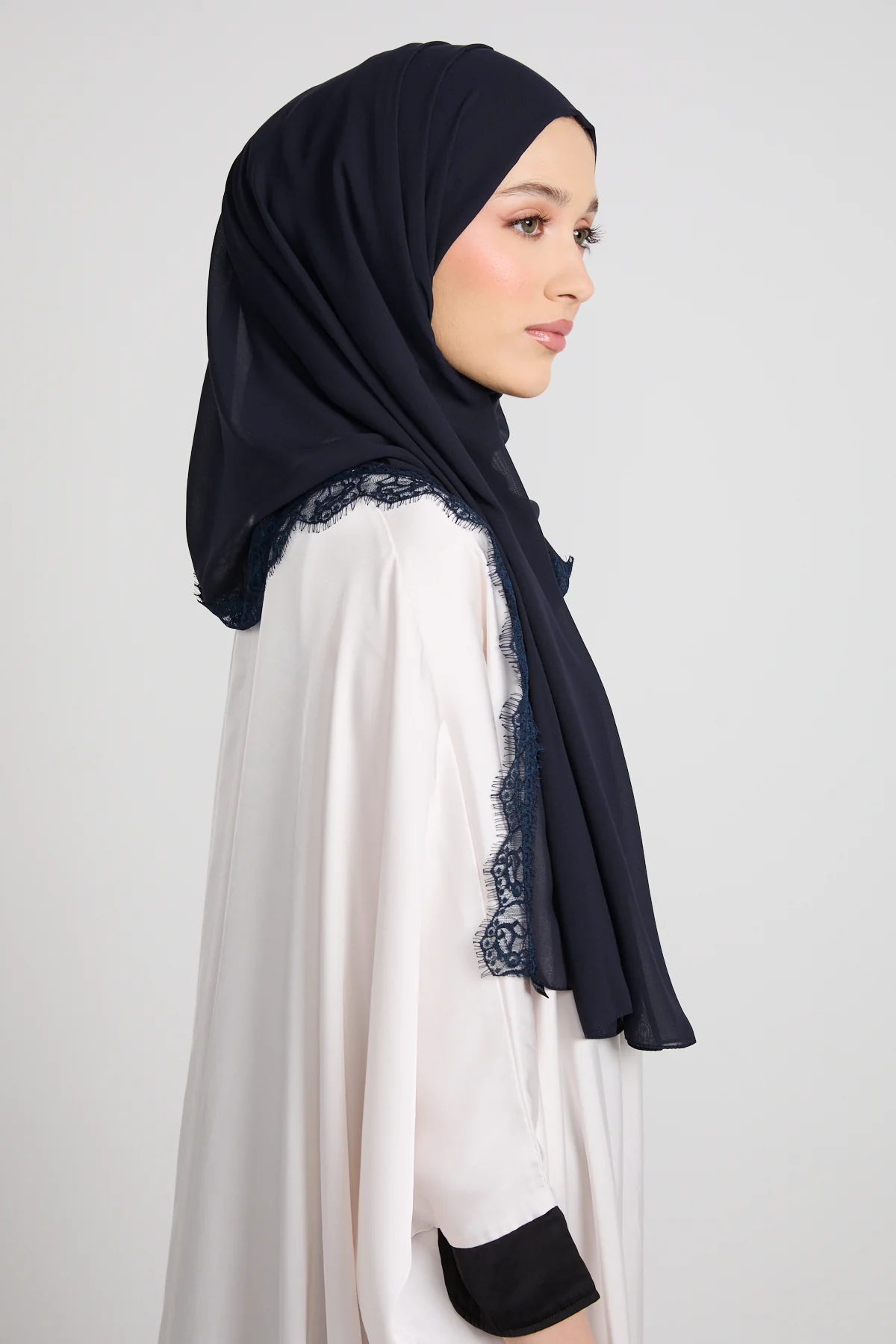 Luxury Georgette Hijab with Lace Detailing - Navy - Image 5