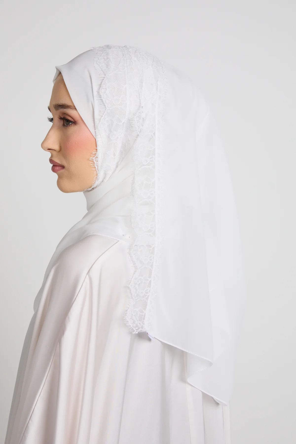 Luxury Georgette Hijab with Lace Detailing - White - Image 3