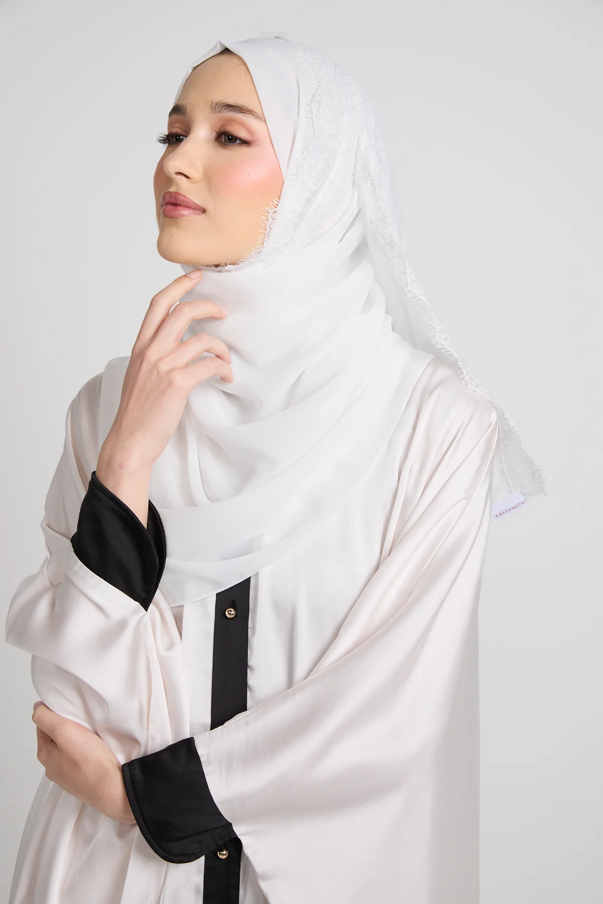 Luxury Georgette Hijab with Lace Detailing - White - Image 4
