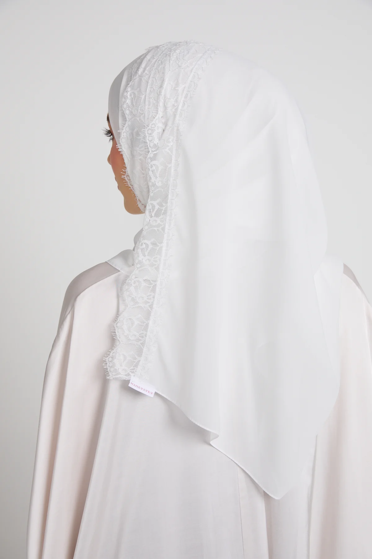 Luxury Georgette Hijab with Lace Detailing - White - Image 5