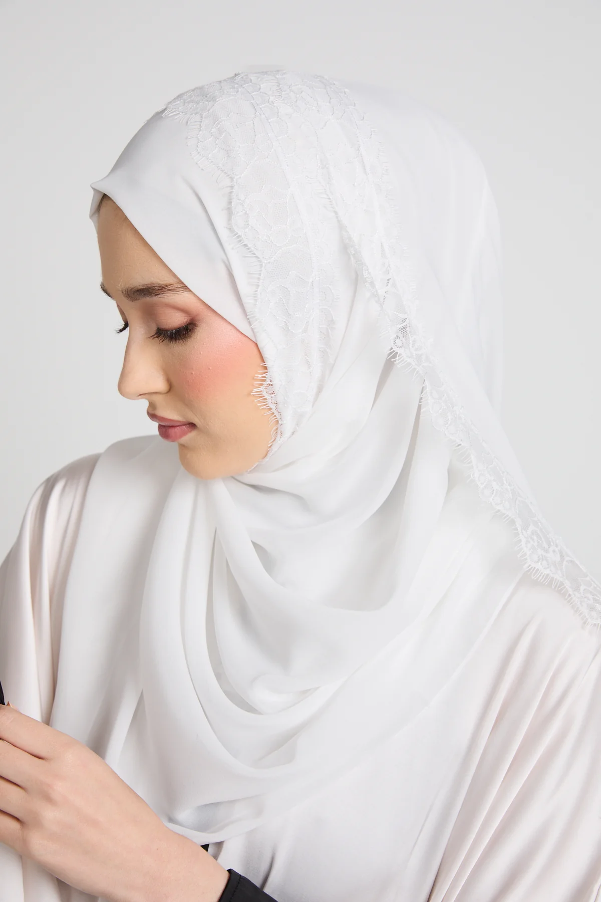Luxury Georgette Hijab with Lace Detailing - White - Image 7