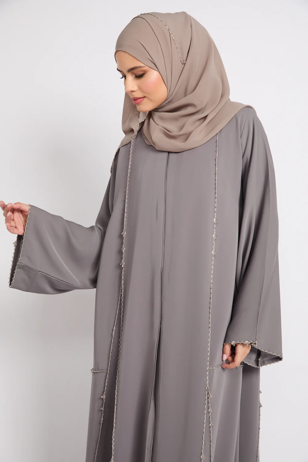 Luxury Heirloom Crochet Detail Open Abaya – Dove Taupe - Image 2