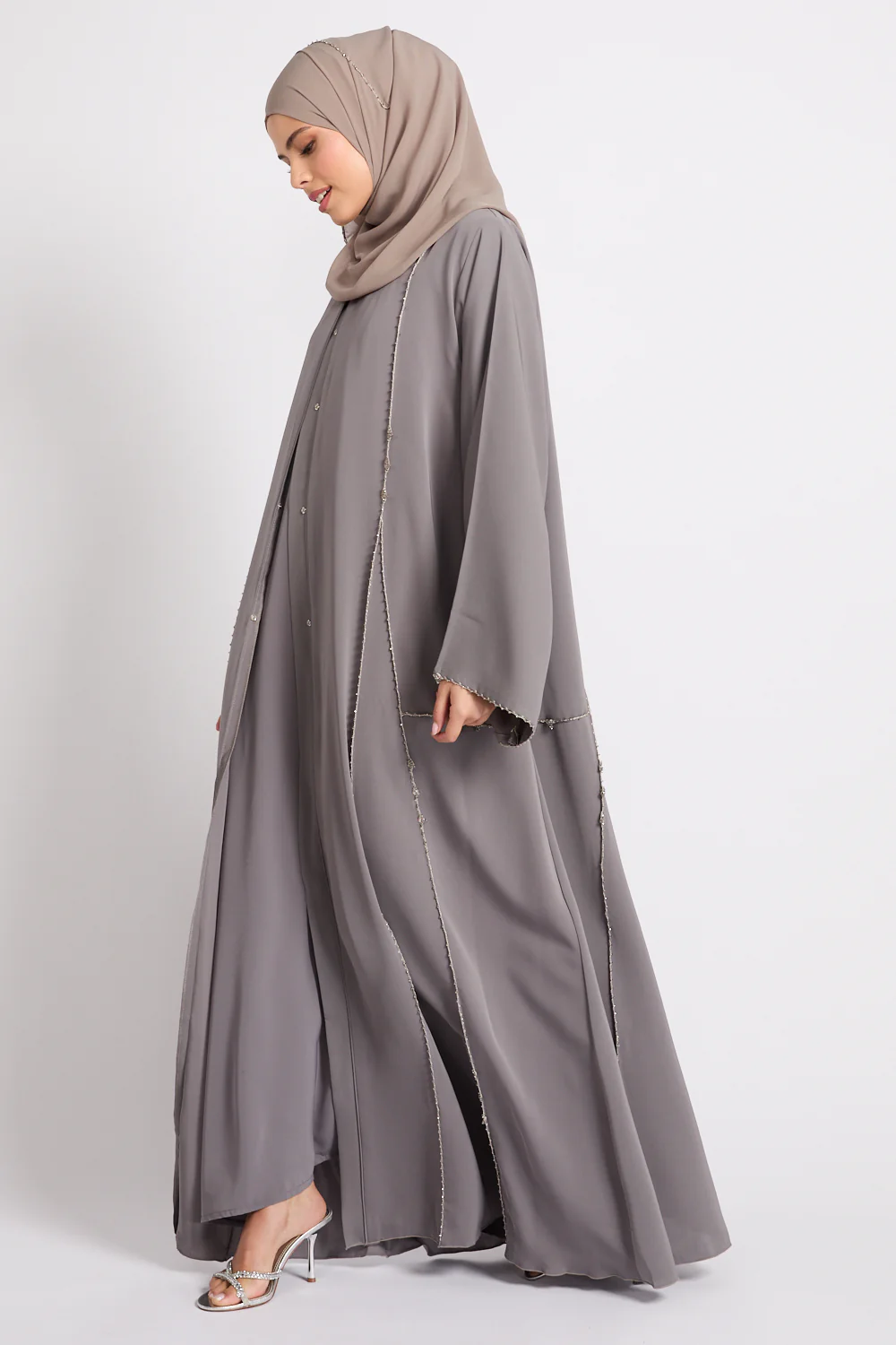 Luxury Heirloom Crochet Detail Open Abaya – Dove Taupe - Image 3