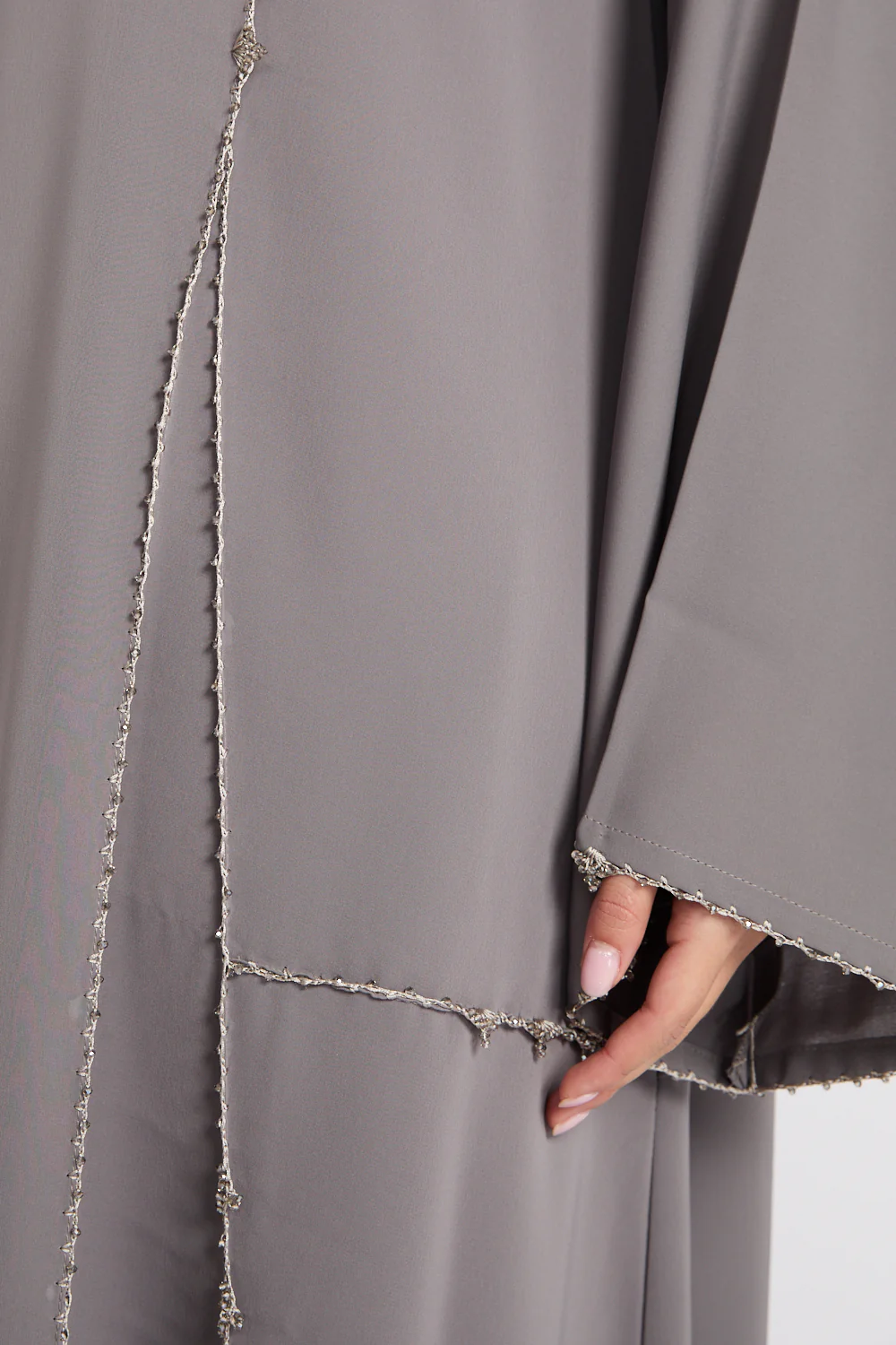 Luxury Heirloom Crochet Detail Open Abaya – Dove Taupe - Image 4