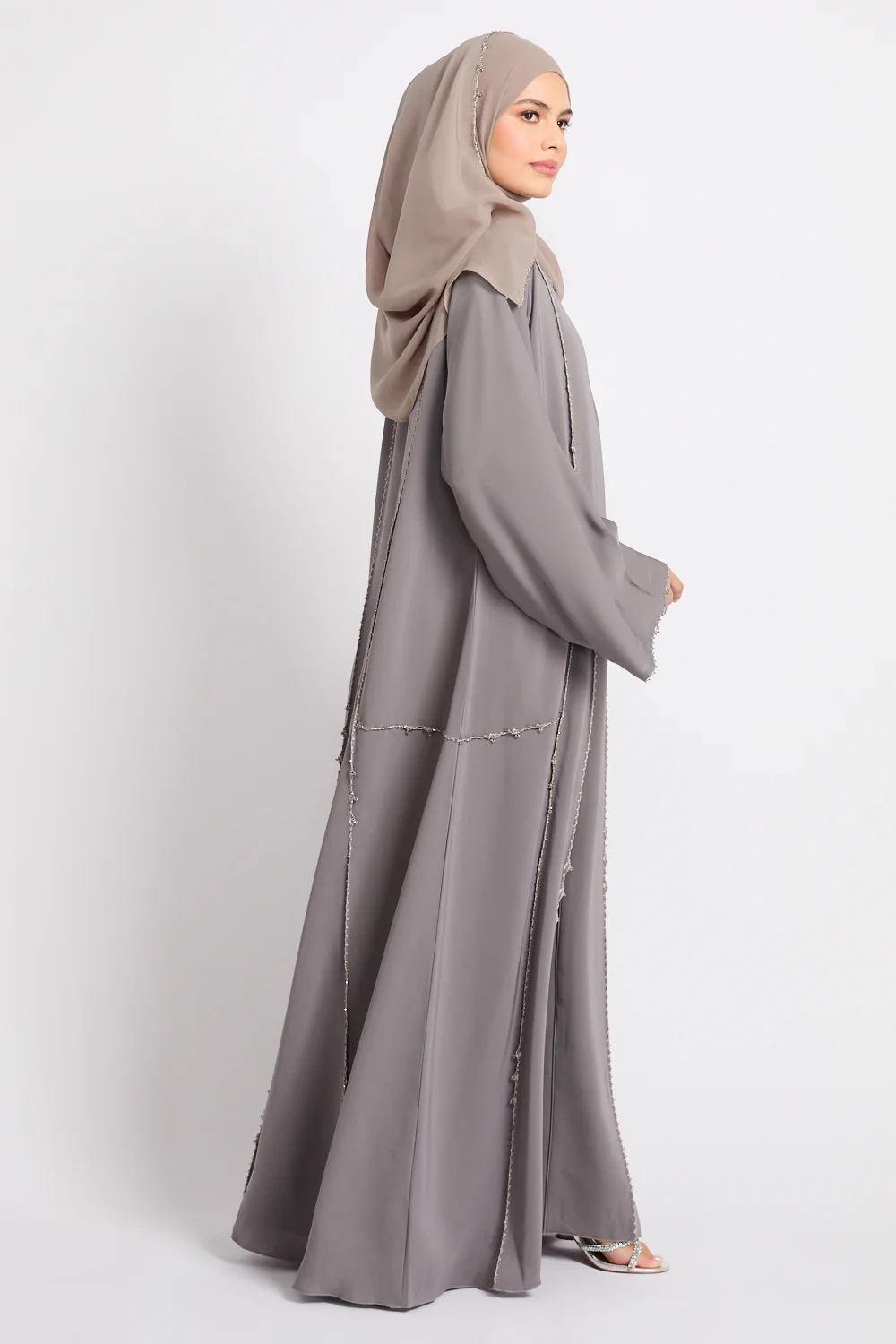 Luxury Heirloom Crochet Detail Open Abaya – Dove Taupe - Image 5